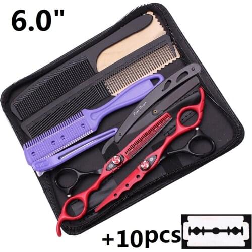 6" Red Professional Hairdressing Scissors Set SS Barber Shop Hairdresser Hair Scissors Cutting Thinning Shears Y1229