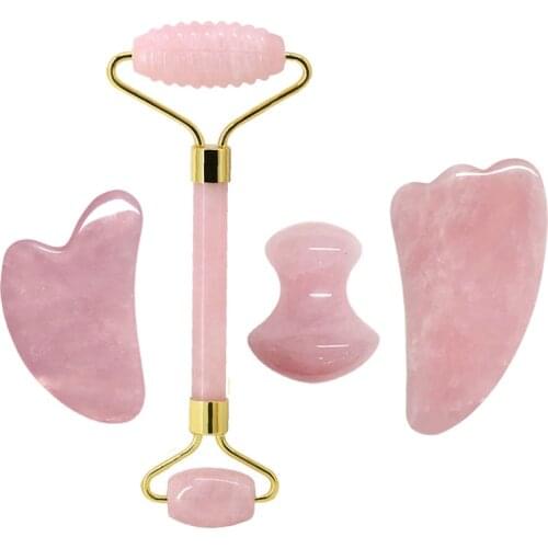 YHCTEC Natural Rose Quartz Facial Jade Roller Gua Sha Board Face Slimming massager Facial Massage Lifting Tool Real Stone Gua Sa