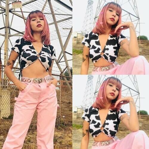 New Arrival Fashion Women’s Summer Short-sleeved Top Personality Cow Pattern Printed Ring V-neck Exposed Navel T-shirt