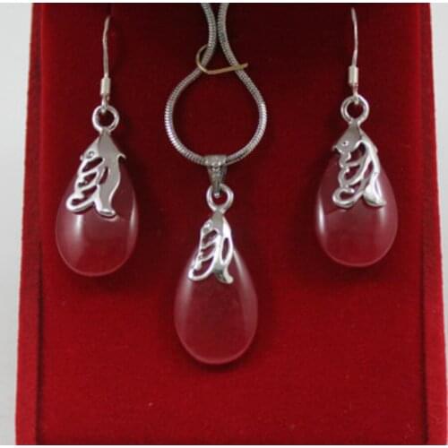 Womens simple fashion silver plated metal red Drop Pendant + Earring Set