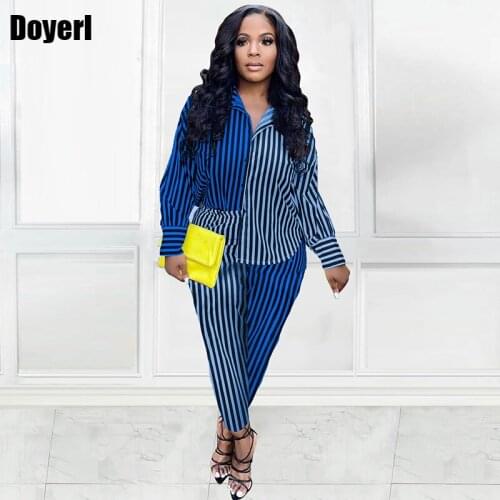 Streetwear Striped Two Piece Set Women Long Sleeve Blouse Shirt Top + Pants Office Suit Fall Clothes for Women Tracksuit Outfit