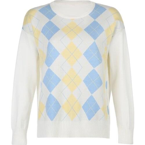Fanco 2020 Autumn New Women Casula Long Sleeve O-Neck Sweater Argyle Knitted Female Pullover Loose Knitwear Vintage Fashion Top