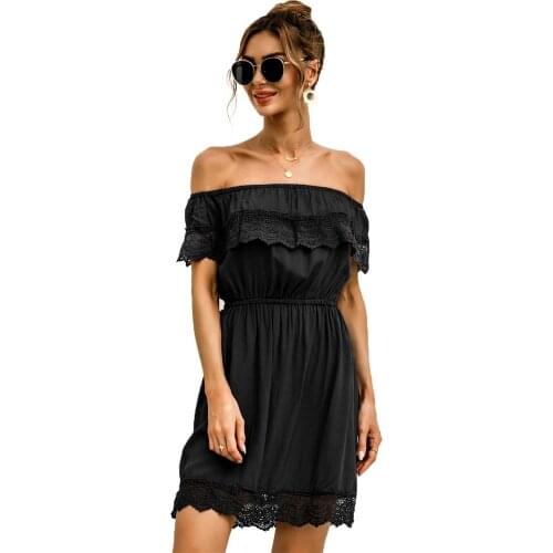 Black Sexy Slash Neck Off Shoulder Women Summer Dress 2021 Lace Patchwork Ruffles A-line Mini Dress Vestidos