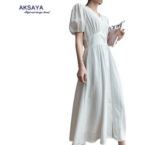 AKSAYA 2021 Summer New Arrival High-End Cotton and Linen Puff Sleeve White V-Neck Dress Office Lady Temperament Elastic Waist
