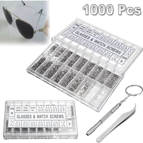1000PCS Screws Glasses Sunglasses Spectacles Watch Tiny Screws Nut Assortment Repair Tool Kit Screwdriver Tweezer