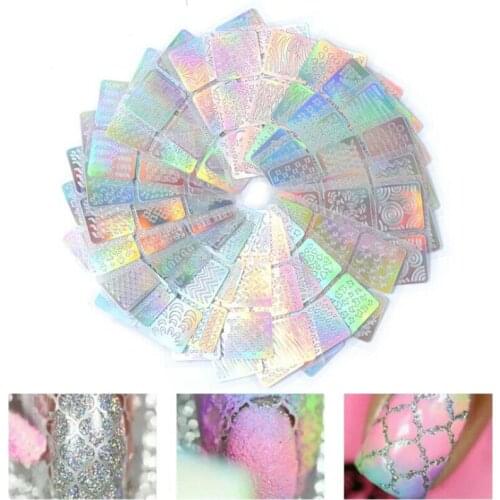 12 Sheets/Lot Laser Nail Vinyls Laser Irregular Grid Stencil Polish Transfer Manicure Tools Nail Art Stickers Stamping Template