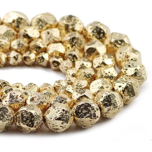 14 Gold Faceted Round Volcanics Lava Natural Stone Spacers Loose Beads For Jewelry Making DIY Accessories Bracelets 6/8/10/12mm