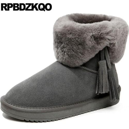 2021 flat casual shoes tassel slip on platform suede booties fur fringe winter snow boots women ankle short gray brown round toe