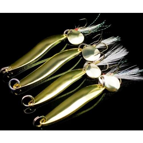 4pcs/lot 5g 7g 10g 13g Gold Color Artificial Metal Fishing Lure Paillette Sequins Spoon Hard Baits with Feather Treble Hook