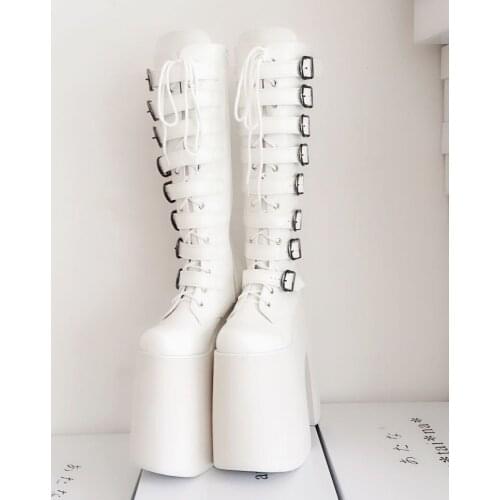 Japanese High Platform White Lolita Cosplay Knee-High Boots Princess Girl Lace Up Buckle Starp Martin Boots