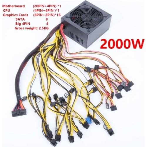 2000W PC Power Supply for Crypto-mining and Rendering Equipment (6PIN+2PIN) Graphics interface*16