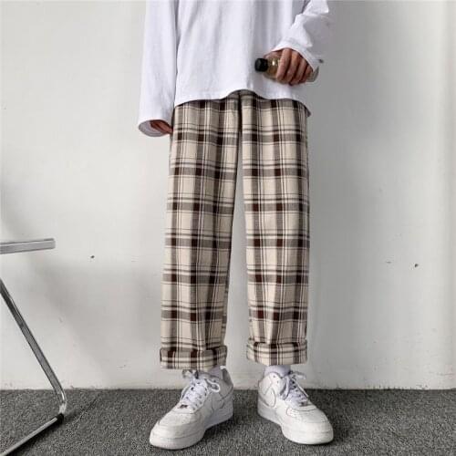 Autumn Plaid Pants Mens Fashion Retro Casual Pants Men Streetwear Loose Hip-hop Loose Drawstring Straight Pants Men Trousers