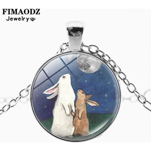 FIMAODZ Full Moon Rabbit Necklace Cute Animal Glass Cabochon Pendant Alloy Necklaces Statement Jewelry