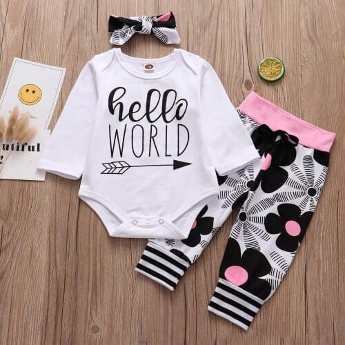 3PCS Set Infant Baby GIrl Clothes Newborn Outfits Letter printed Hello World Tops Romper+Floral Pants+Headband 3 Pieces Suit
