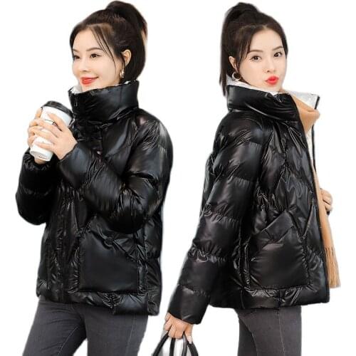 2021Women Winter Thick Down Cotton Padded Jacket Women Stand Collar Casual Short Black Parkas Female Zipper Glossy Coat Outwear
