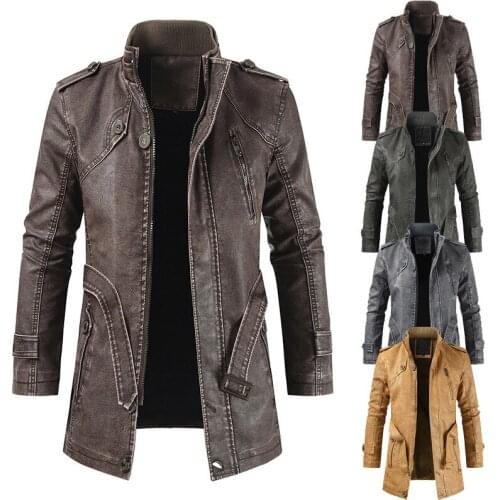 Men Winter Brand New Long Thick Fleece Leather Jacket Parkas Men Outfit Vogue Warm Casual Vintage Faux Leather Jacket Coat Men