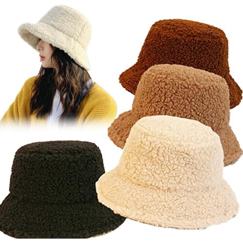 Women Harajuku Autumn Winter Bucket Hat Letter Fishing Fisherman Hats Female Girls Lamb Wool Outdoor Keep Warm Casual Panama Cap