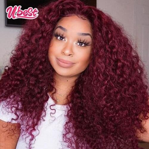 Ubest 99J Kinky Curly Lace Front Wig Brazilian Virgin 100% Human Hair Whole Sale Transparent Curly Human Hair Wigs for Women