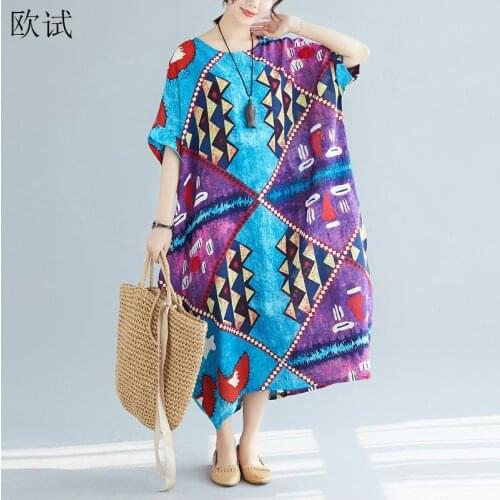 Plus Size Boho Beach Summer Dress Women Cotton Linen Floral Ladies Dresses Long Bohemian Woman Dress 4XL 5XL 6XL 7XL 8XL 2020