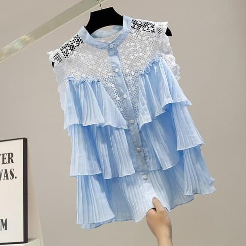 Sexy Hollow Lace Stitching Pleated Sleeveless Shirt Woman Summer New Slim Tops Lady Chic Top Blouses Blusas Femme