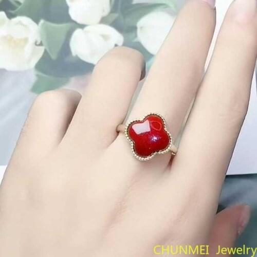 Natural Emperor Cinnabar Four Leaf Ring Earrings Inlaid with Clavicle Chain Pendant Temperament Three Piece Set