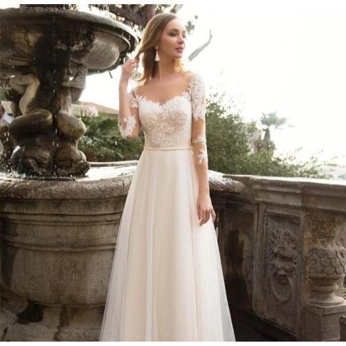 Vintage A line Long Sleeve Wedding Dress 2021 O Neck Wedding Gowns vestido de noiva Appliques Lace Bridal Dress Custom Made