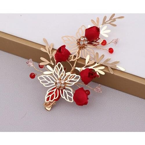 1 Pair Handmade Crystal Red Flower Gold Color Metal Hairpins Hair Clips Bride Noiva Wedding Party Hair Jewelry Headpieces