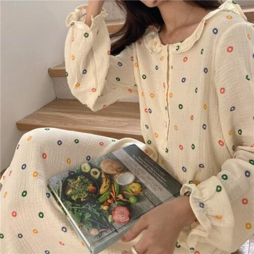 Colorful Dot Print Autumn Nightdress Women Ruffles Long Sleeve Loose Cotton Sweet Long Sleepwear Casual Ins Rainbow Nightgown