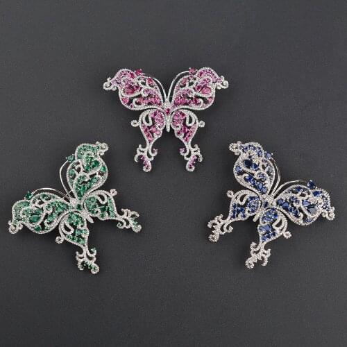 2pcs 70X57mm Womens High Quality White gold plated Mixed Color Cz micro butterfly brooch