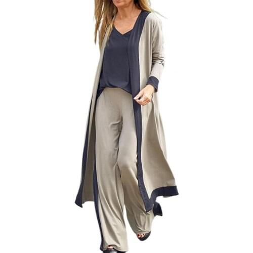 3pcs Women Sets Cardigan Camisole Pants Color Block Wide Leg Women Elegant Long Sleeve Mid Waist Outfit Sets vetement femme 2021