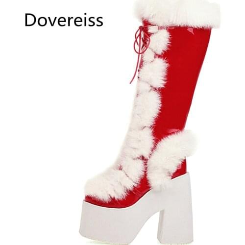 Dovereiss Fashion Female Boots Winter Sexy Elegant Zipper Waterproof Cross Tied Knee High Boots Chunky Heels New 28-43