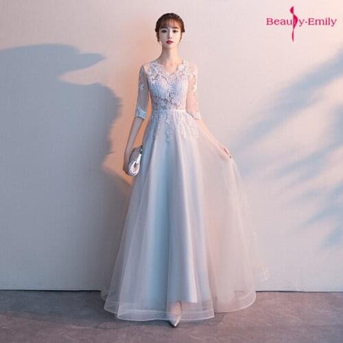 Beauty-Emily V Neck Lace V Neck Bridesmaid Dresses Long 2020 Elegant Wedding Party Dress Pleated Tulle Prom Gowns Vestido