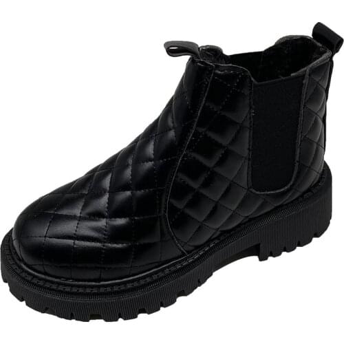 Winter Warm Ankle Chelsea Boots Square Chunky Heel Plush Gingham Stretch Fabric Black Women Leather Slip-on Fur Shoes Boots