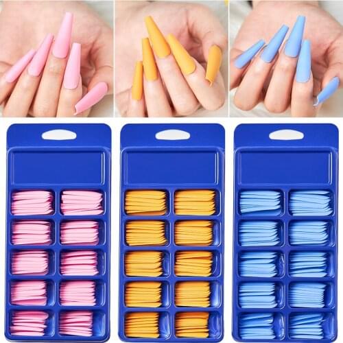 100PCS Candy Colors Long Ballerina Fake Nails Natural Coffin Press on False Nail Art Tips ABS Full Cover Nail Decor Manicure