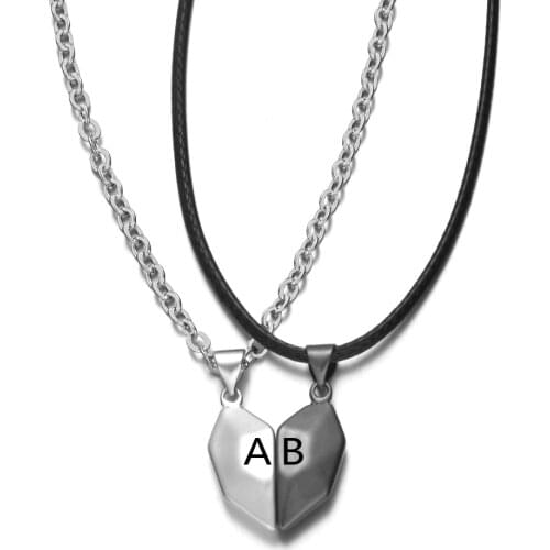 2pcs/set High Quality Magnetic Couple Necklace Stainless Steel Lovers Heart Pendant Laser Engraving 26 Letters Charm Necklace
