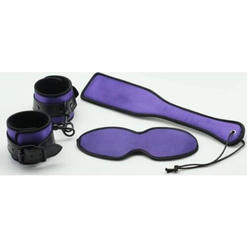 3 in 1 Provocative Satin Restraint kit: Handcuffs, paddle, eyepatch, restrain wrist cuffs spanking hand clapper and soft blinder