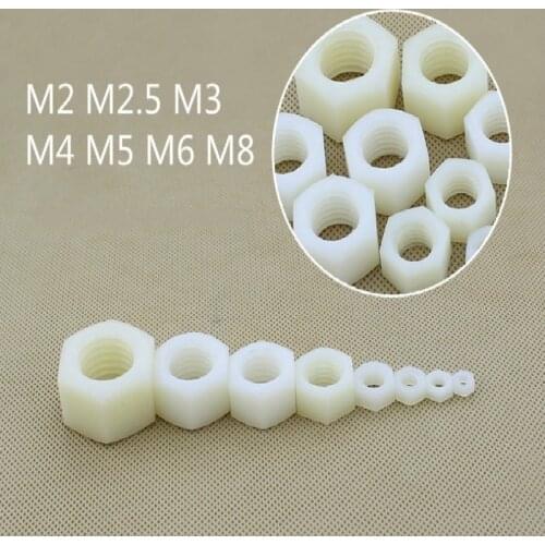 50Pcs White Nylon Hex Nut M2 M2.5 M3 M4 M5 M6 M8 Plastic Nut Screw Nuts
