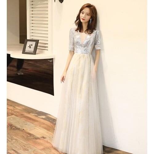 Sparkle Evening Dresses Long Sequined A-Line V-Neck Half Sleeve Silver Formal Dresses Robe De Soiree 2020