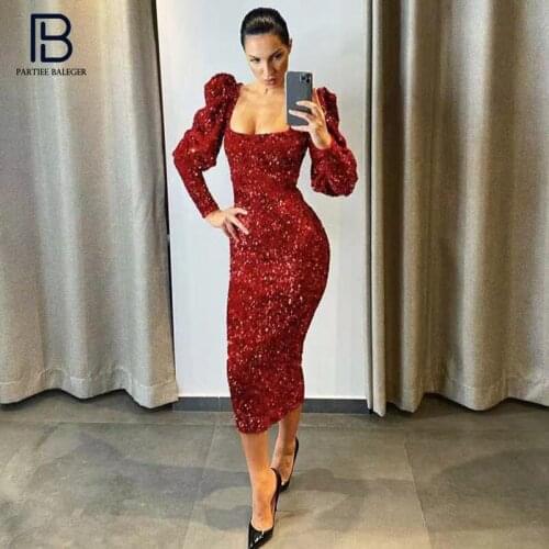 PB Chic Bling Sequins Midi Dress Puff Sleeves Square Collar Celebrity Party Club Celebrity Party Club Vestido Free Shipping