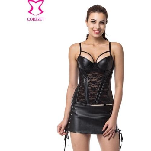 Black Floral Lace And Leather Bustier Skirt Gothic Corset Dress Push Up Corsets And Bustiers Sexy Corselete Feminino Espartilhos