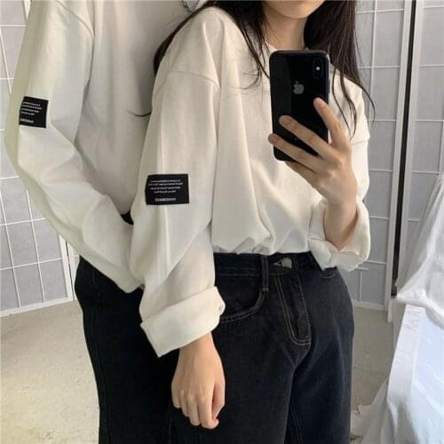 Women Men Couples T-shirt White Black Solid Crewneck Patch Long Sleeve Bottoming Shirt Spring Autumn Tops Loose Tees Camisas