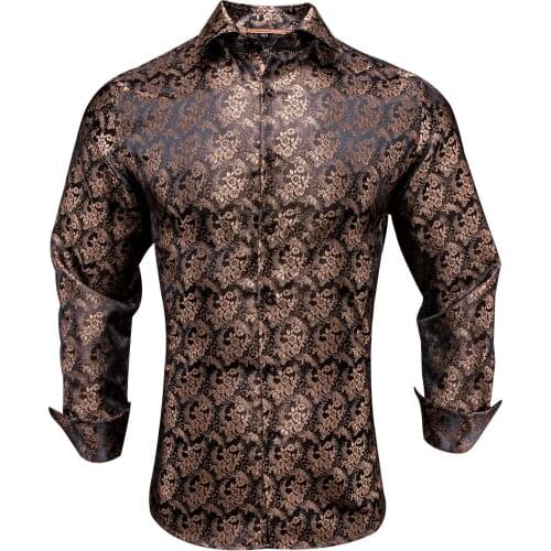 Hi-Tie Brown Casual Mens Shirt Floral Paisley Luxury Silk Shirt For Men Wedding Dress Fashion Slim Fit Long Sleeve dropshipping