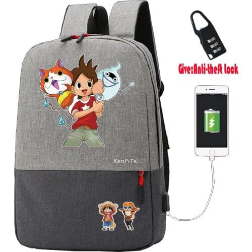 Anime Youkai Watch Canvas Rucksack Anti-theft USB Charging Laptop Backpack Travel Bagpack student book backpack
