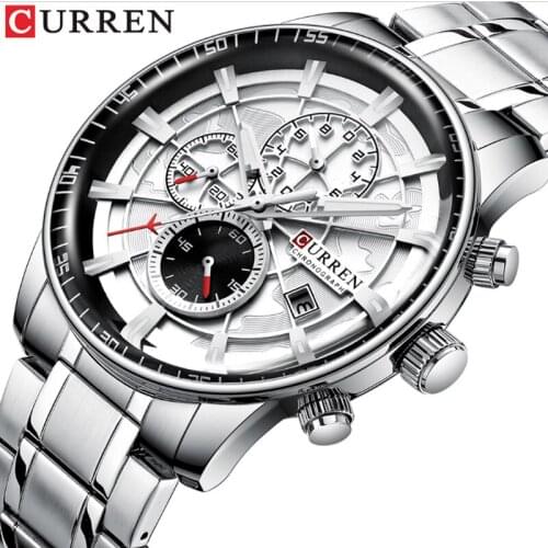 Mens Waterproof Calendar Watch Three Eyes Six Pin Large Dial Steel Belt Quartz Watch Multi-Function Sports Luminous Watch
