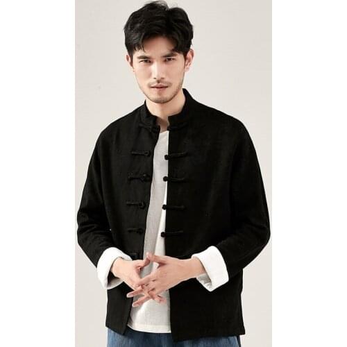 2021 New Chinese Style Mens Tops Tang Suit Cotton Linen Long Sleeve Solid Traditional Kung Fu China Style Hanfu Shirt 30377
