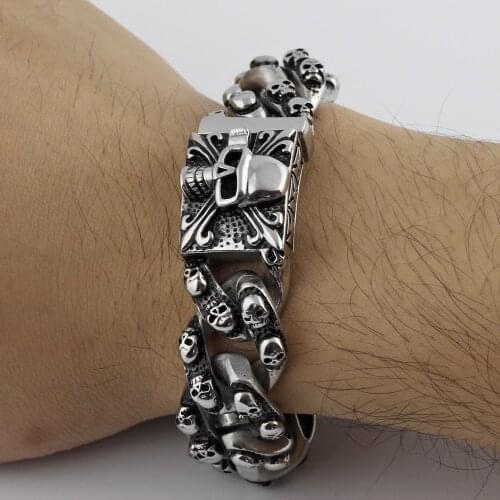 New Casting Punk Jewelry 316L Stainless Steel Silver Skull Skeleton Jewelry Mens Bracelet stately steel jewelry