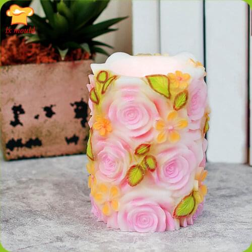 LXYY New 3D Rose Cylinder Candle Silicone Molds Valentines Day Candle Soap Concrete Aromatherapy Plaster Moulds
