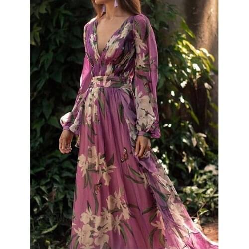 Sexy v neck print long bohemian woman dress Long sleeve wrap maxi dress Robe boheme chic beach outing 2019 Purple beach frocks