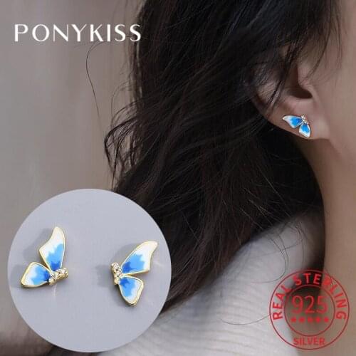 PONYKISS Trendy 925 Sterling Silver symmetry Butterfly Zircon Stud Earrings for woman Party Fine Jewelry Wholesale Accessory