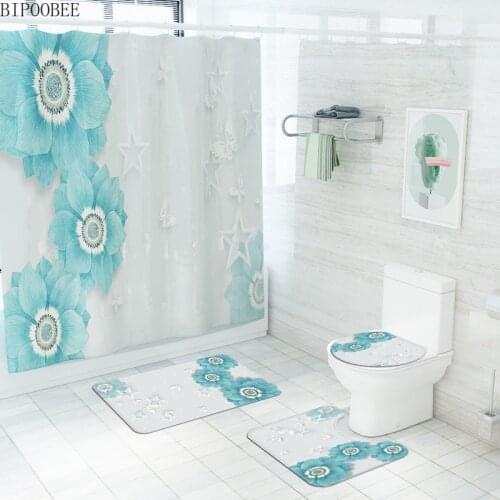 Blue Flowers Bathroom Curtains Butterfly Stars Shower Curtain Set Bath Mats Rugs White Flannel Non Slip Carpet Toilet Lid Cover